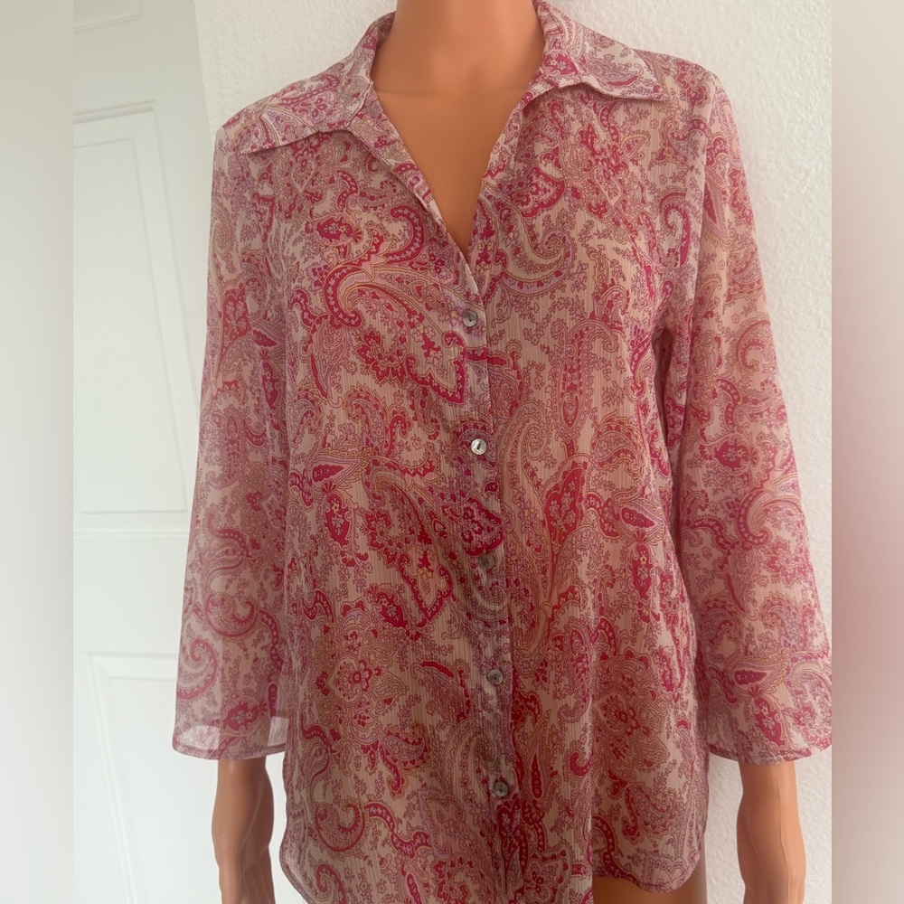 Zara Pink Paisley Button-Down Sheer Blouse